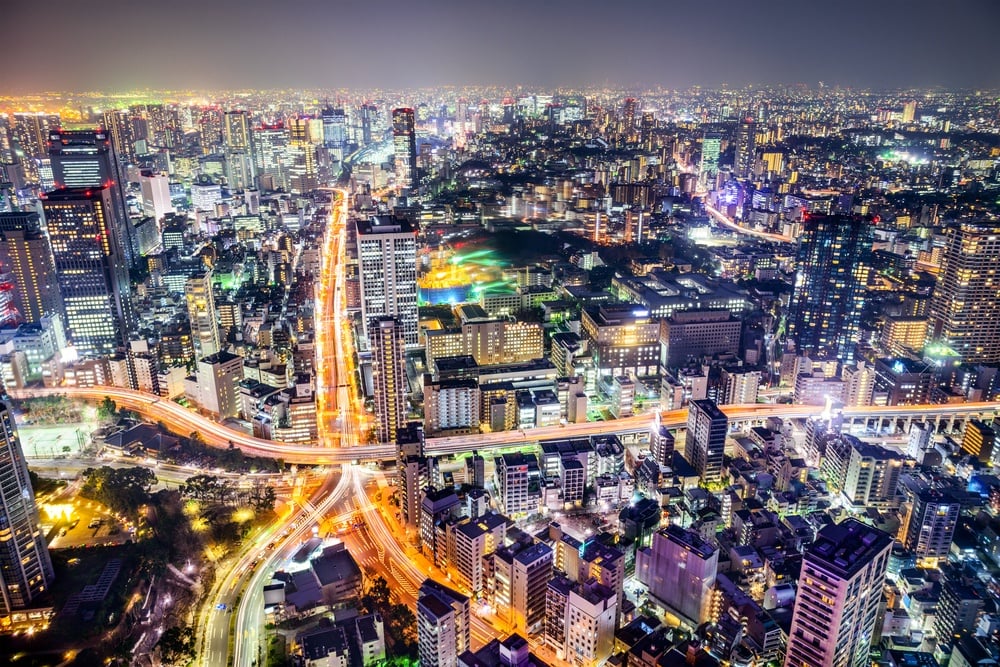 Tokyo, Japan cityscape and highways.